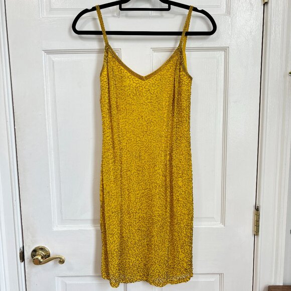 Oleg Cassini Blacktie Dress Silk Yellow Golden Gold Beaded Mini Short Vintage 4 - Picture 1 of 11
